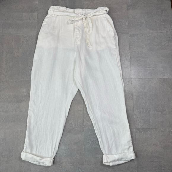 Free People White Paperbag High Waist Belted Linen Pant Womens Large Tapered Leg - Picture 9 of 10